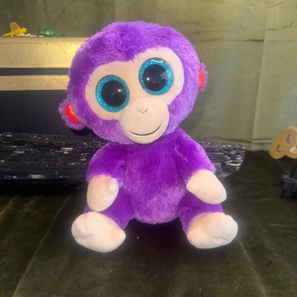 Ty Beanie Boo Grapes Monkey Plush Large 10″ Purple Blue Eyes EUC - Picture 1 of 4